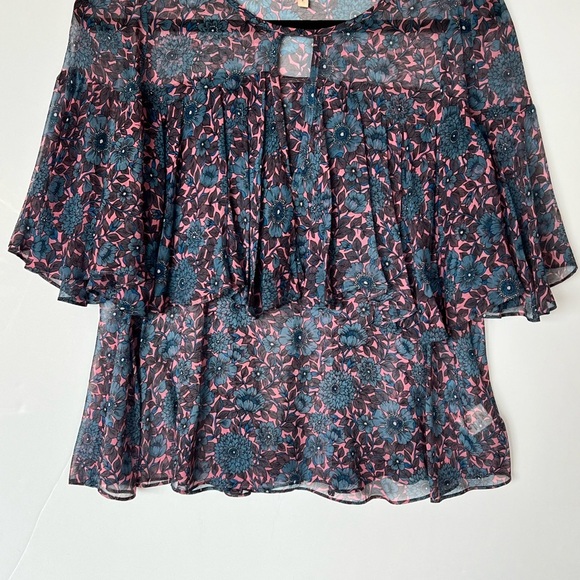 Rebecca Taylor Silk Floral Shibori Sheer Flutter Sleeves Top - Picture 4 of 9